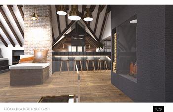 a rendering of a bar and a living room with a fireplace